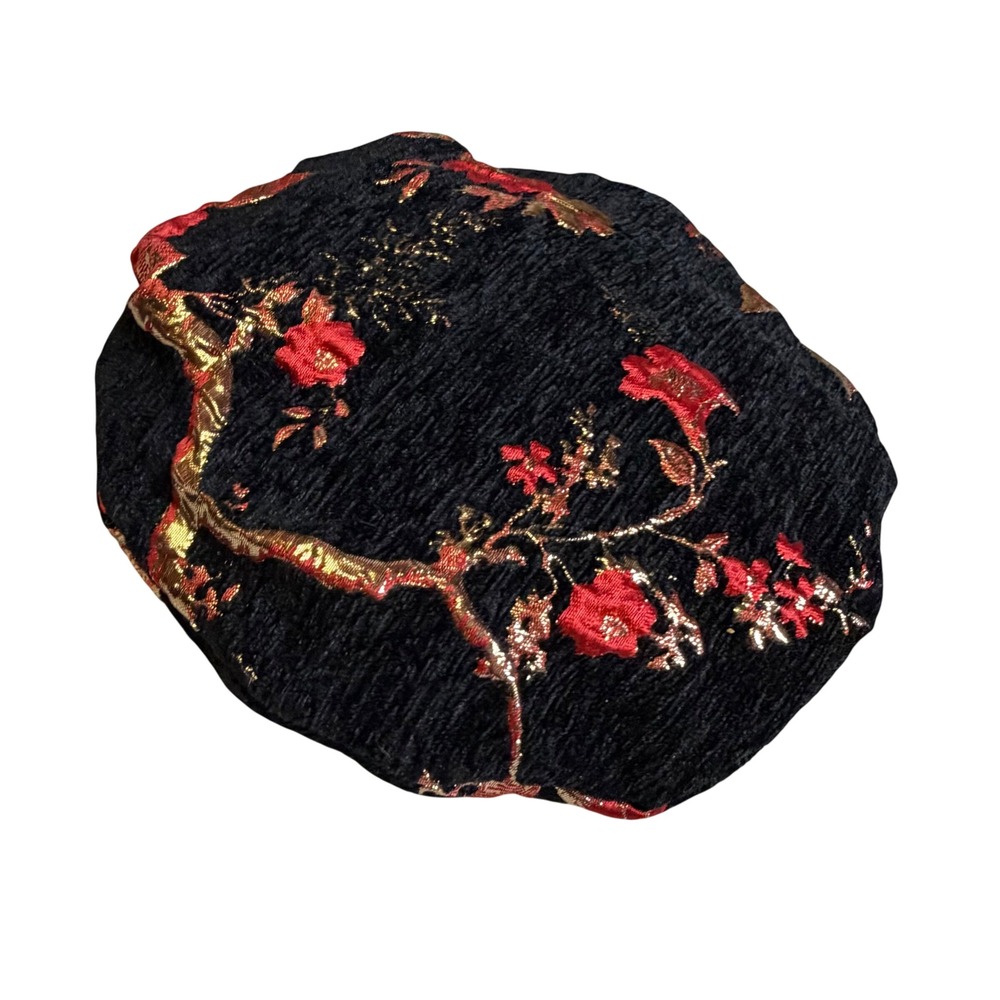 Vintage Pillbox Beret Hat Womens OS Black Red Gold Floral Brocade Good Metallic